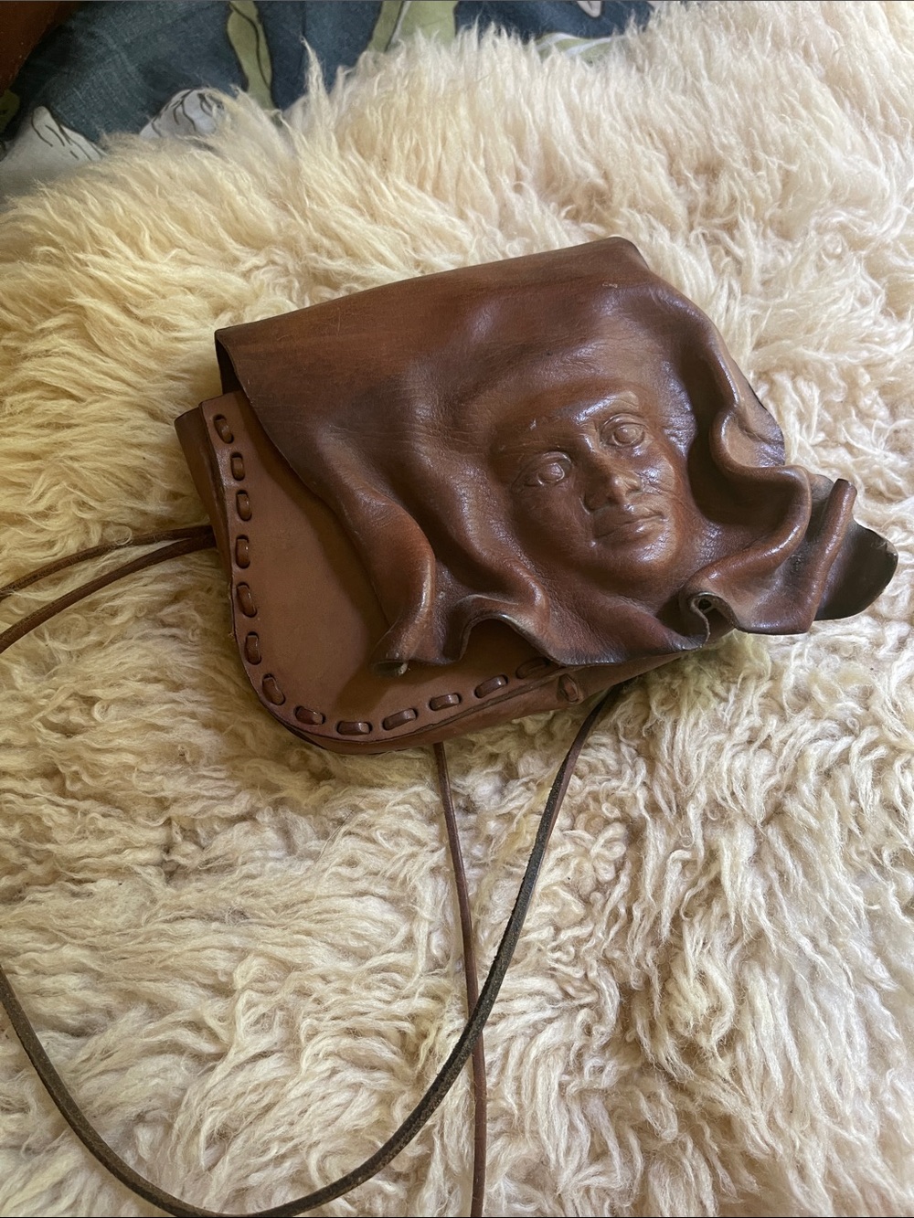 Artisan Brown Leather Face-Relief Crossbody Bag